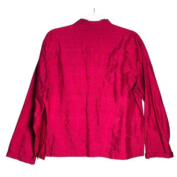 Chicos Sz 2 Medium 100% Silk Dark Pink Embroidered Jacket Mandarin Collar India - Picture 2 of 11